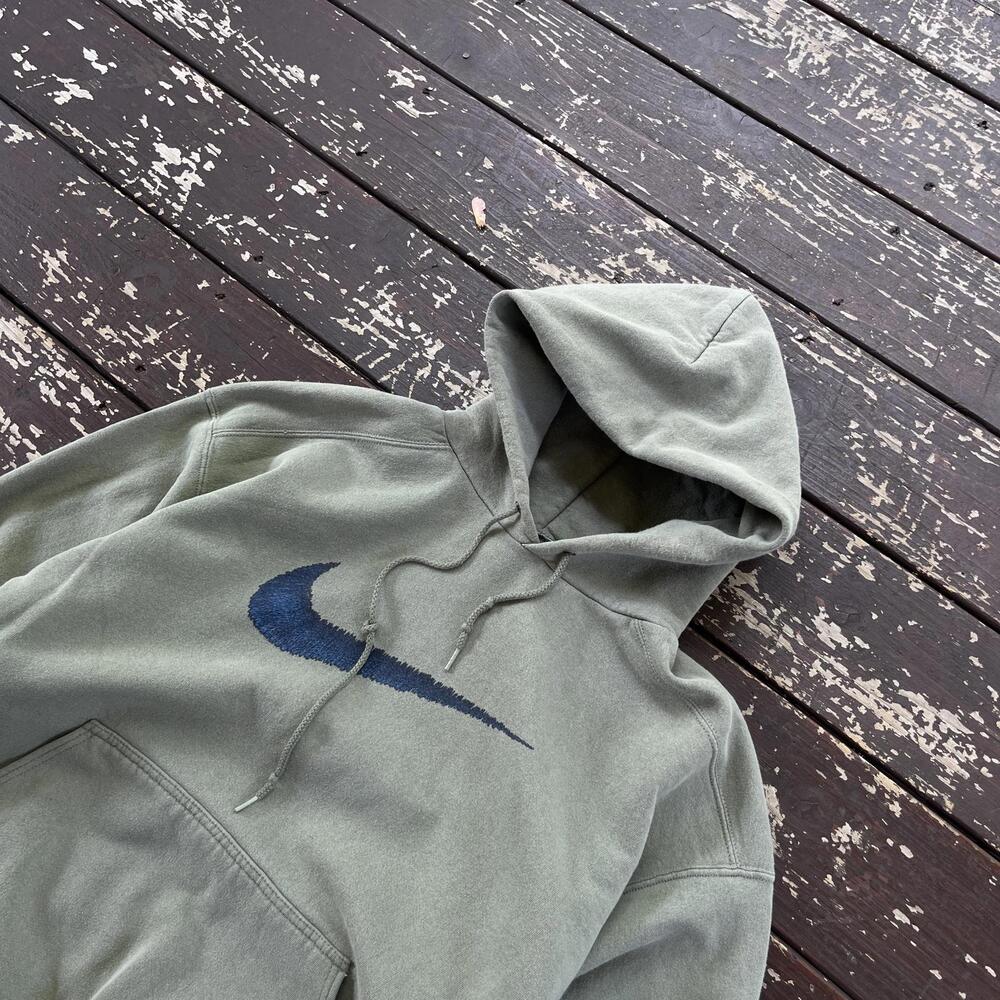 (L) Vintage 90s Y2K Nike Hoodie Big Center Swoosh Sage Green Navy